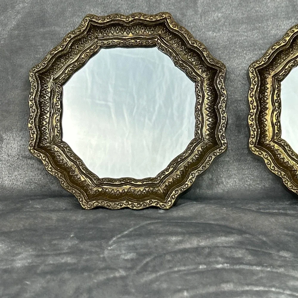 Vintage‎ Set of 2 Gold Octagon Wall Mirrors Ornate Scalloped Frame 6.5 Inch